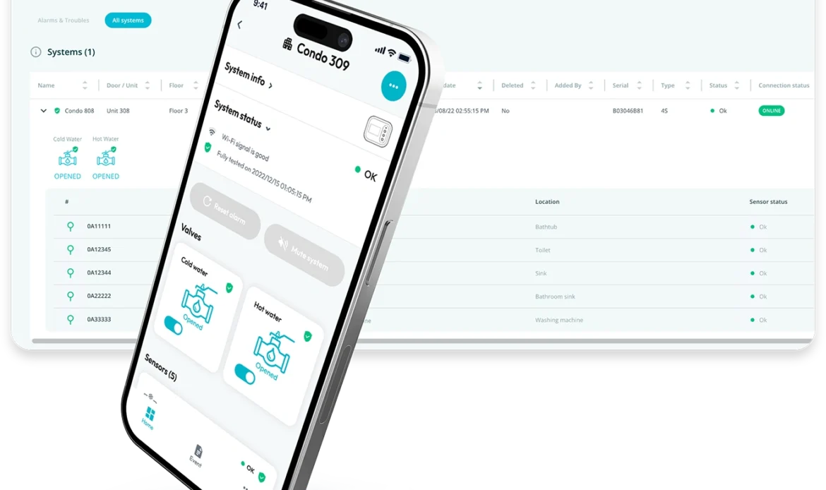 Interface d’application mobile permettant la gestion d’un système de prévention des dégâts d’eau.