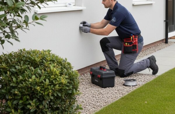Technicien installant un capteur ou un dispositif de sécurité près d’une fenêtre basse extérieure.