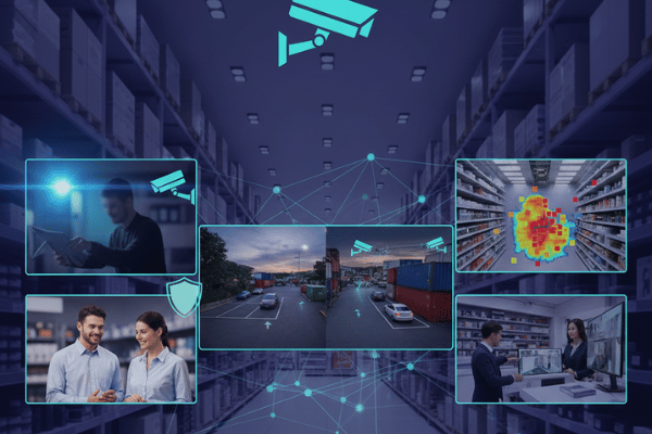Écrans de vidéosurveillance affichant des analyses IA pour la sécurité commerciale.