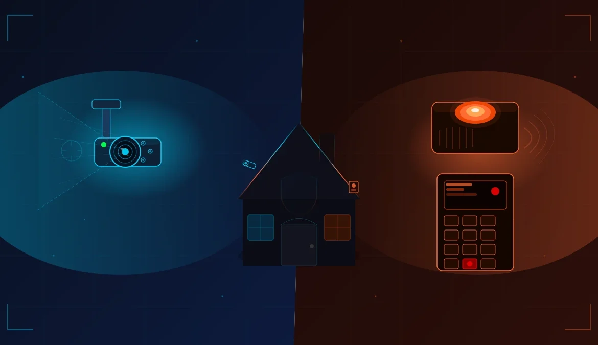 Illustration comparative montrant une caméra de surveillance à gauche et un système d'alarme à droite, avec une maison au centre — symbolisant les deux solutions de sécurité résidentielle