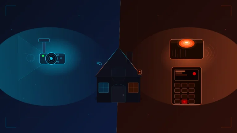 Illustration comparative montrant une caméra de surveillance à gauche et un système d'alarme à droite, avec une maison au centre — symbolisant les deux solutions de sécurité résidentielle
