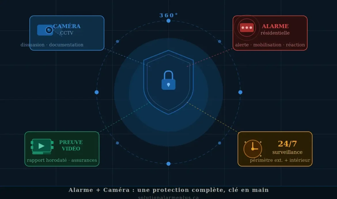 Schéma illustrant la combinaison d'une alarme résidentielle et de caméras CCTV pour une surveillance 24h/24 couvrant l'intérieur et le périmètre extérieur du domicile.