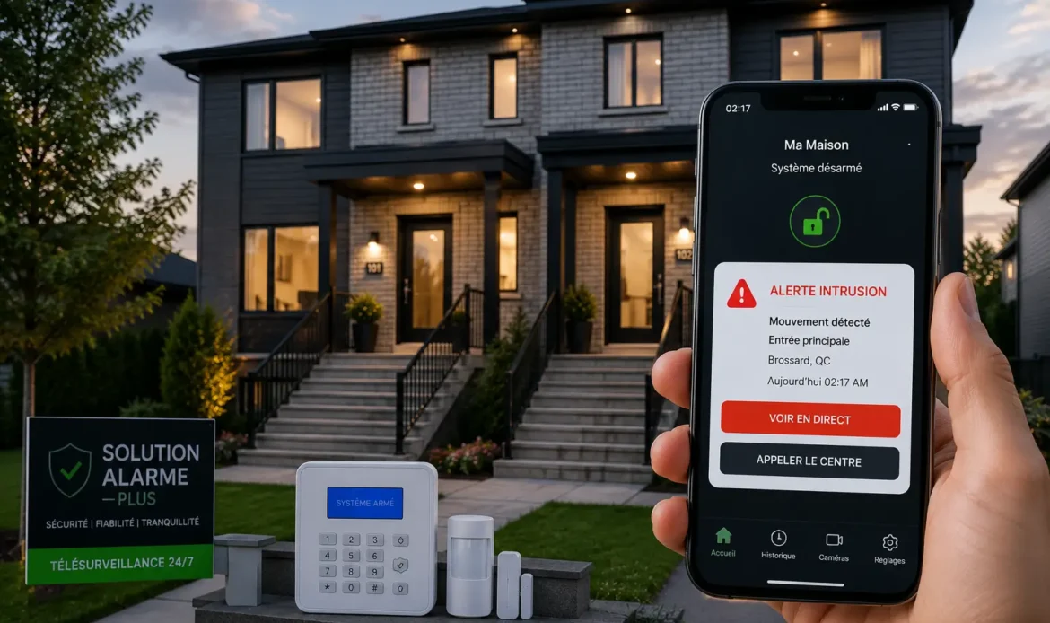 Phone showing alarm notification + duplex house.