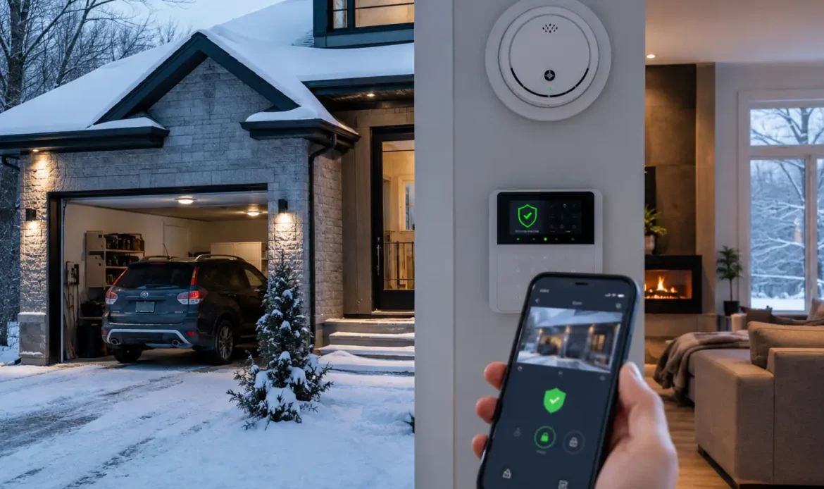 Maison québécoise avec garage attenant protégée par un détecteur de fumée et CO intégré à l’alarme.