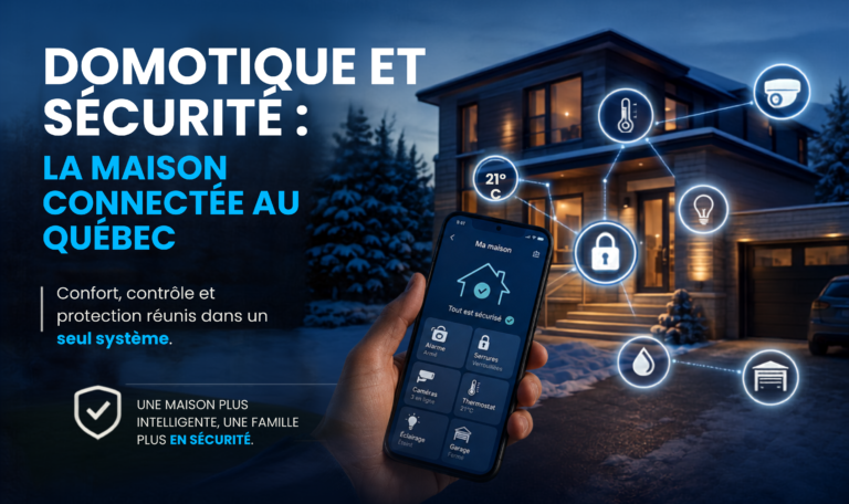Domotique et sécurité au Québec : maison connectée avec alarme, serrures, caméras et thermostat contrôlés depuis une application
