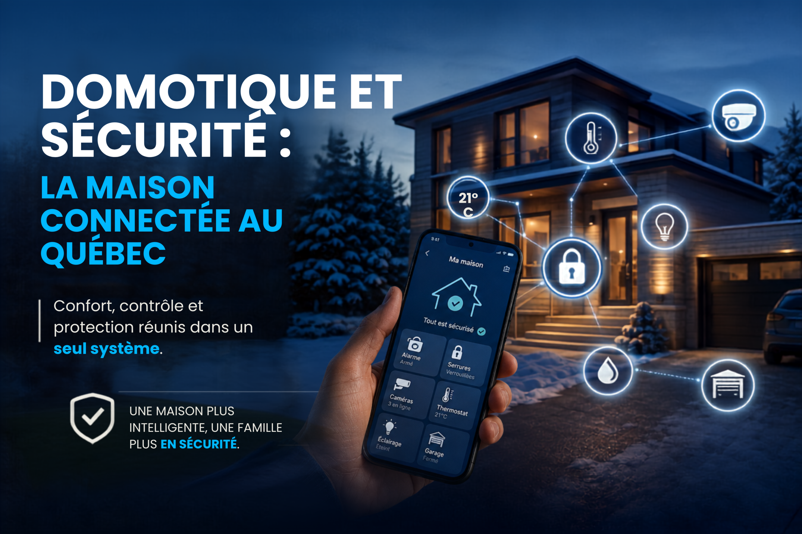 Domotique et sécurité au Québec : maison connectée avec alarme, serrures, caméras et thermostat contrôlés depuis une application