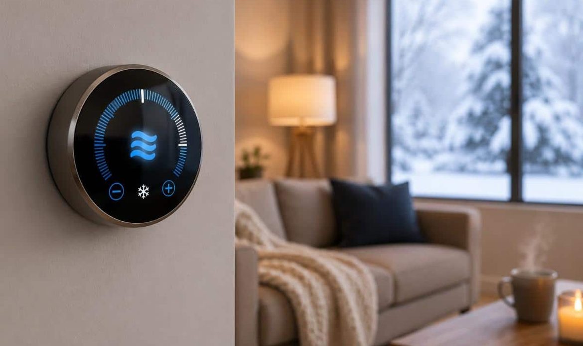Thermostat intelligent connecté à la domotique dans une maison québécoise en hiver