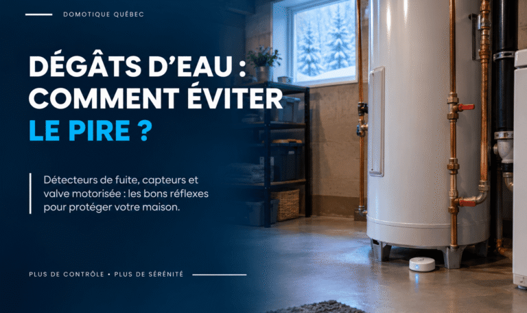 Dégâts d’eau dans une maison au Québec : détecteur de fuite installé au sol près d’un chauffe-eau pour prévenir les sinistres.