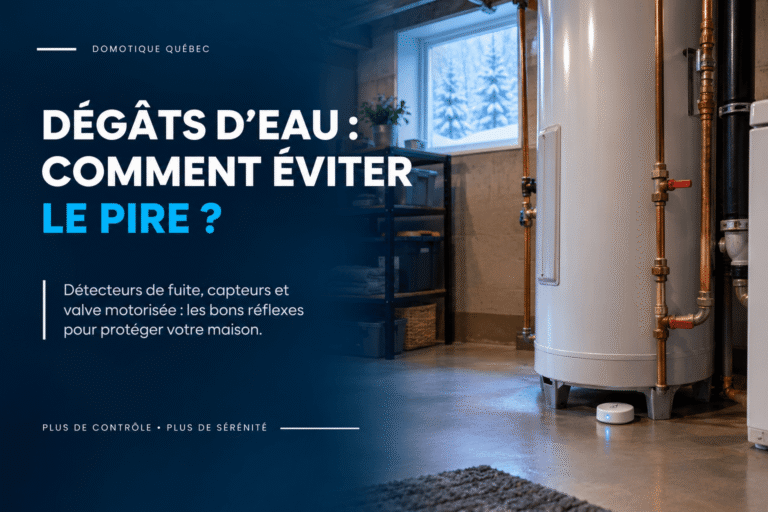 Dégâts d’eau dans une maison au Québec : détecteur de fuite installé au sol près d’un chauffe-eau pour prévenir les sinistres.