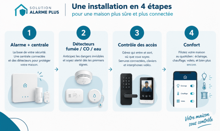 Étapes d’installation progressive d’un système domotique : alarme et centrale, détecteurs fumée, CO et eau, contrôle des accès et équipements de confort.