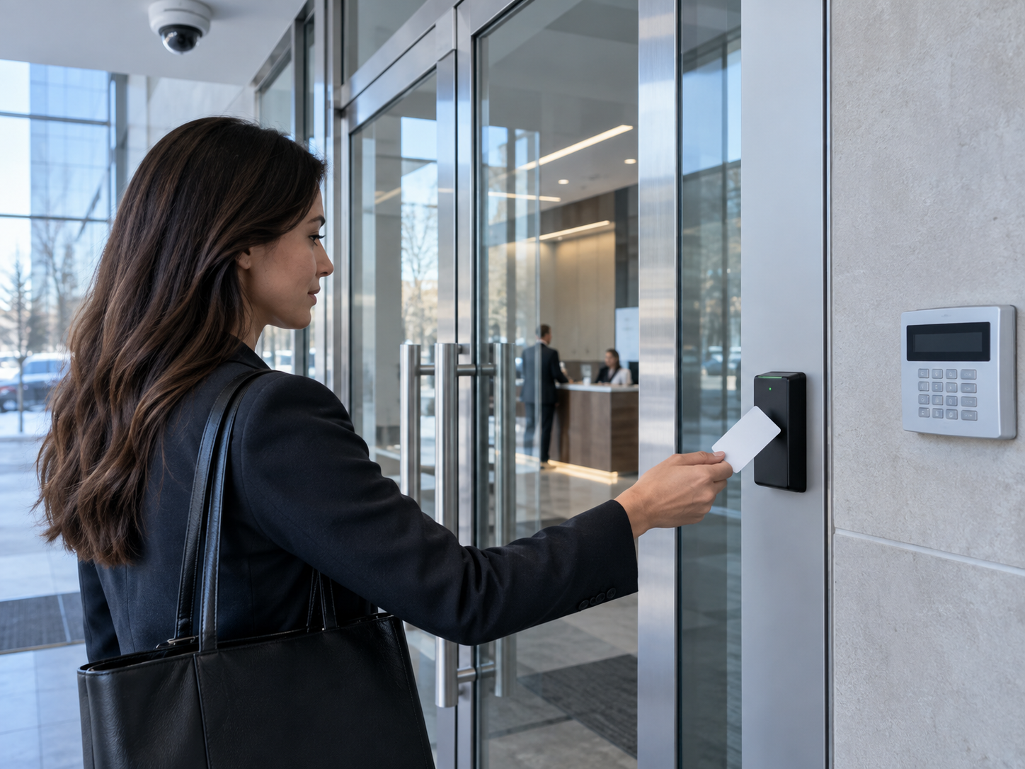 Person presenting an access badge to a reader at a building entrance