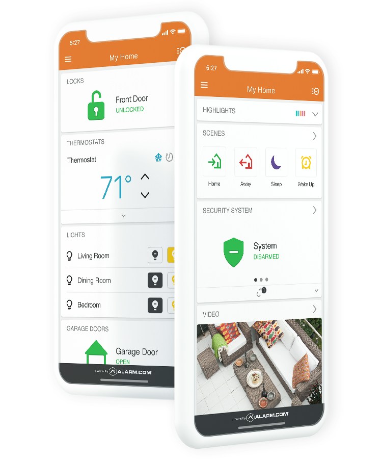 Alarm.com app showing security status, scenes, locks, lighting and garage controls