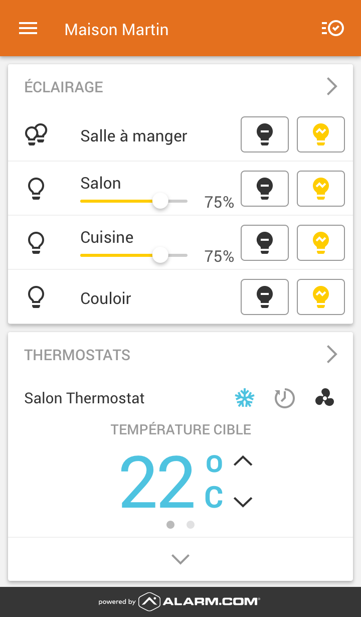 Commandes françaises de l’éclairage et du thermostat Alarm.com
