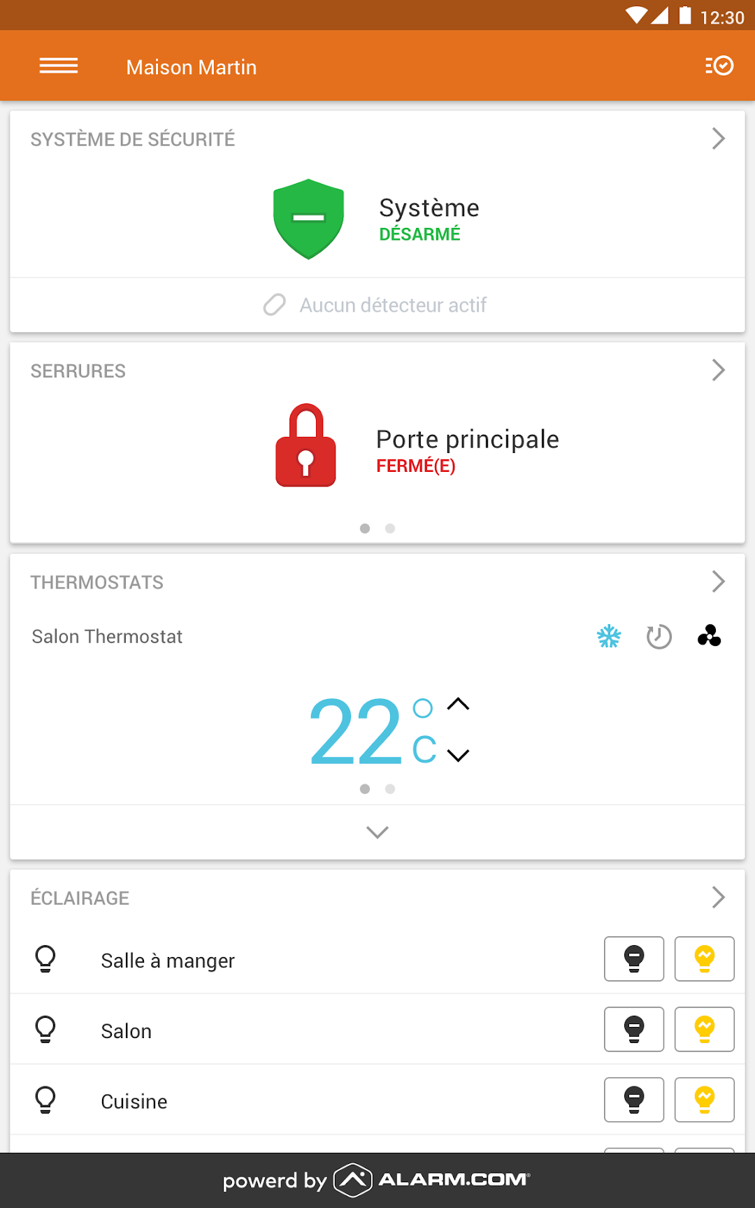 Application Alarm.com en français : système désarmé, serrure, thermostat et éclairage
