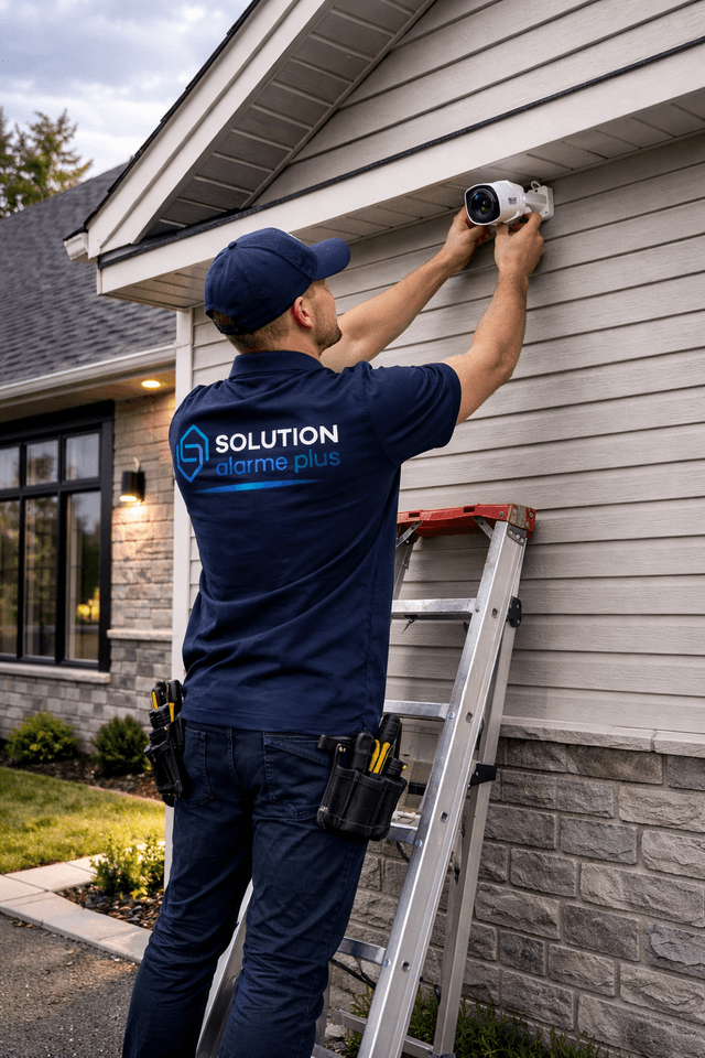 Illustrative technician installing a security camera on a home