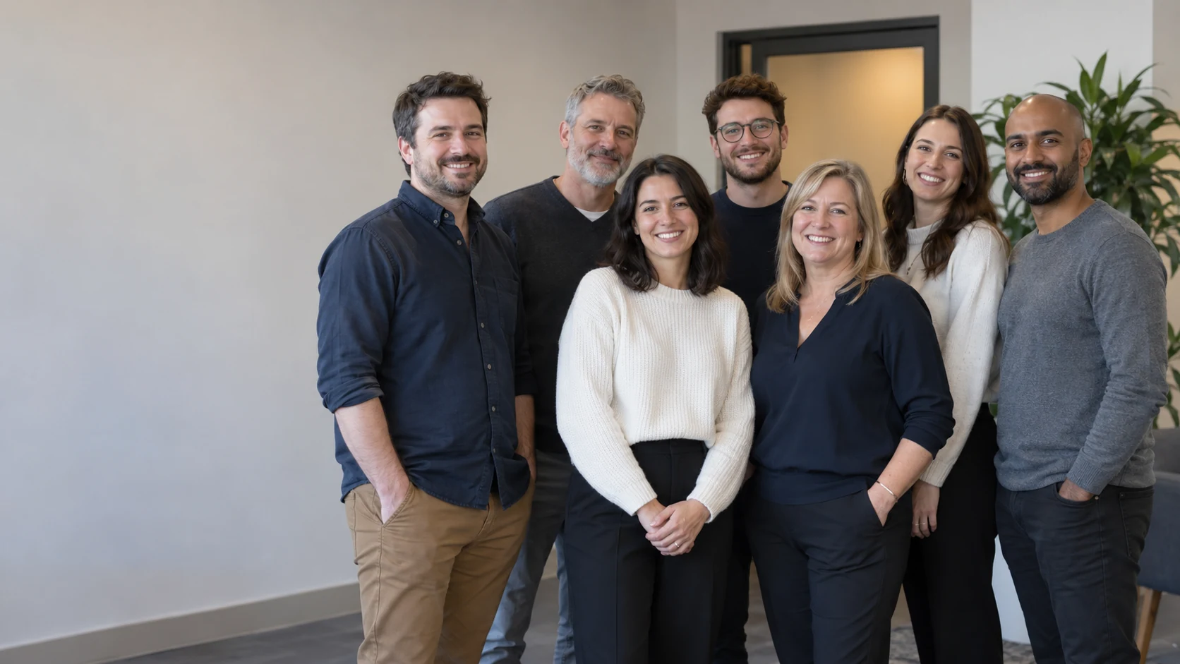 Illustrative group portrait of seven colleagues standing in a simple office