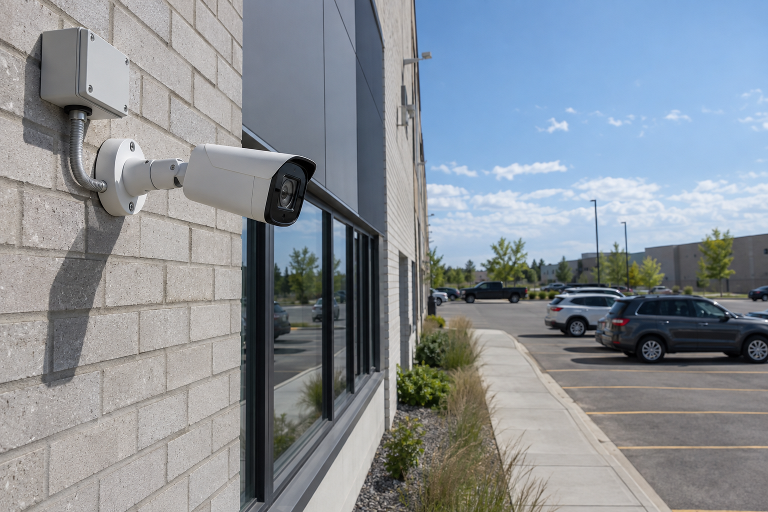 Caméra bullet installée sur une façade commerciale