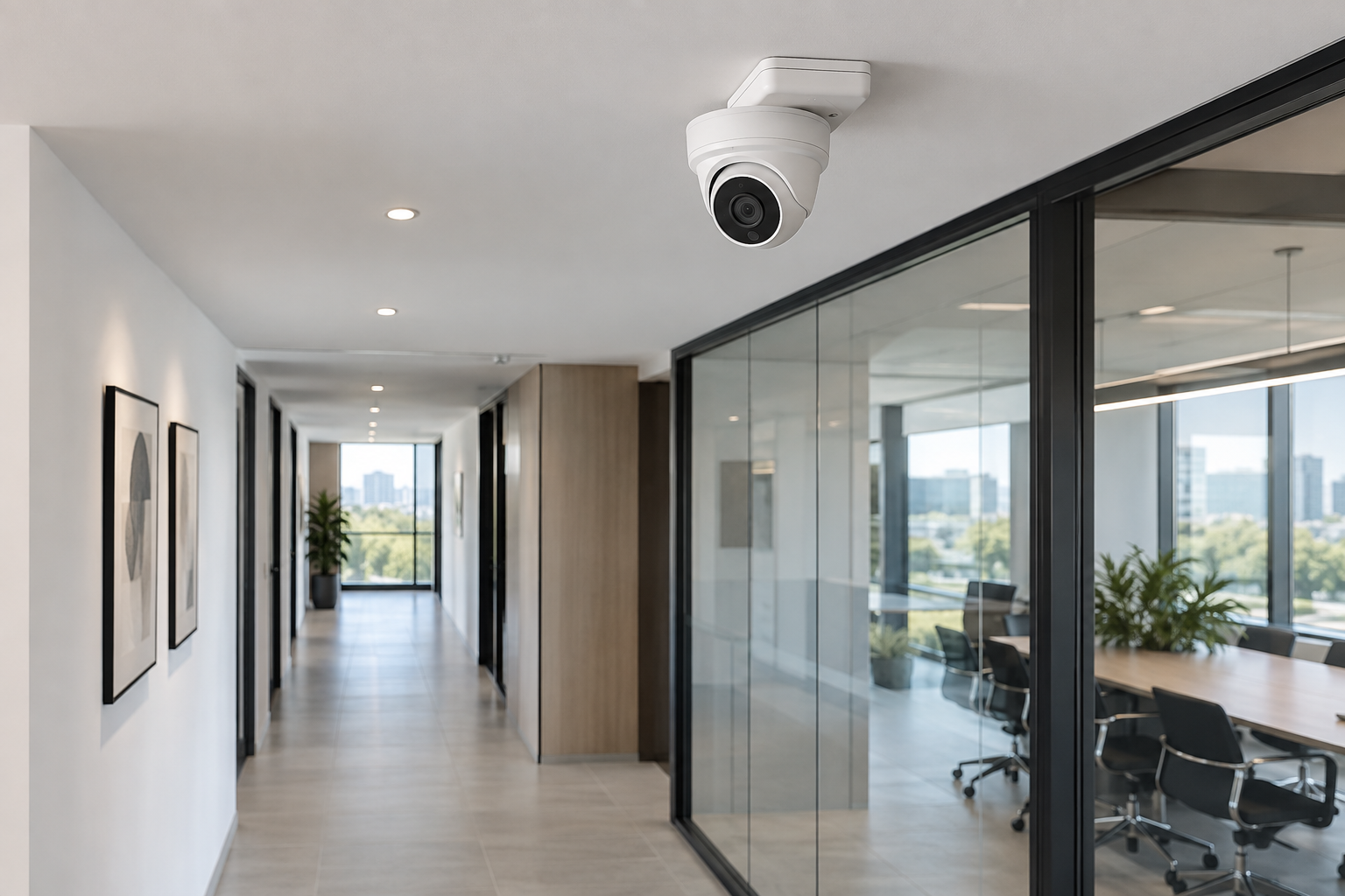 Caméra tourelle installée au plafond d’un corridor de bureaux