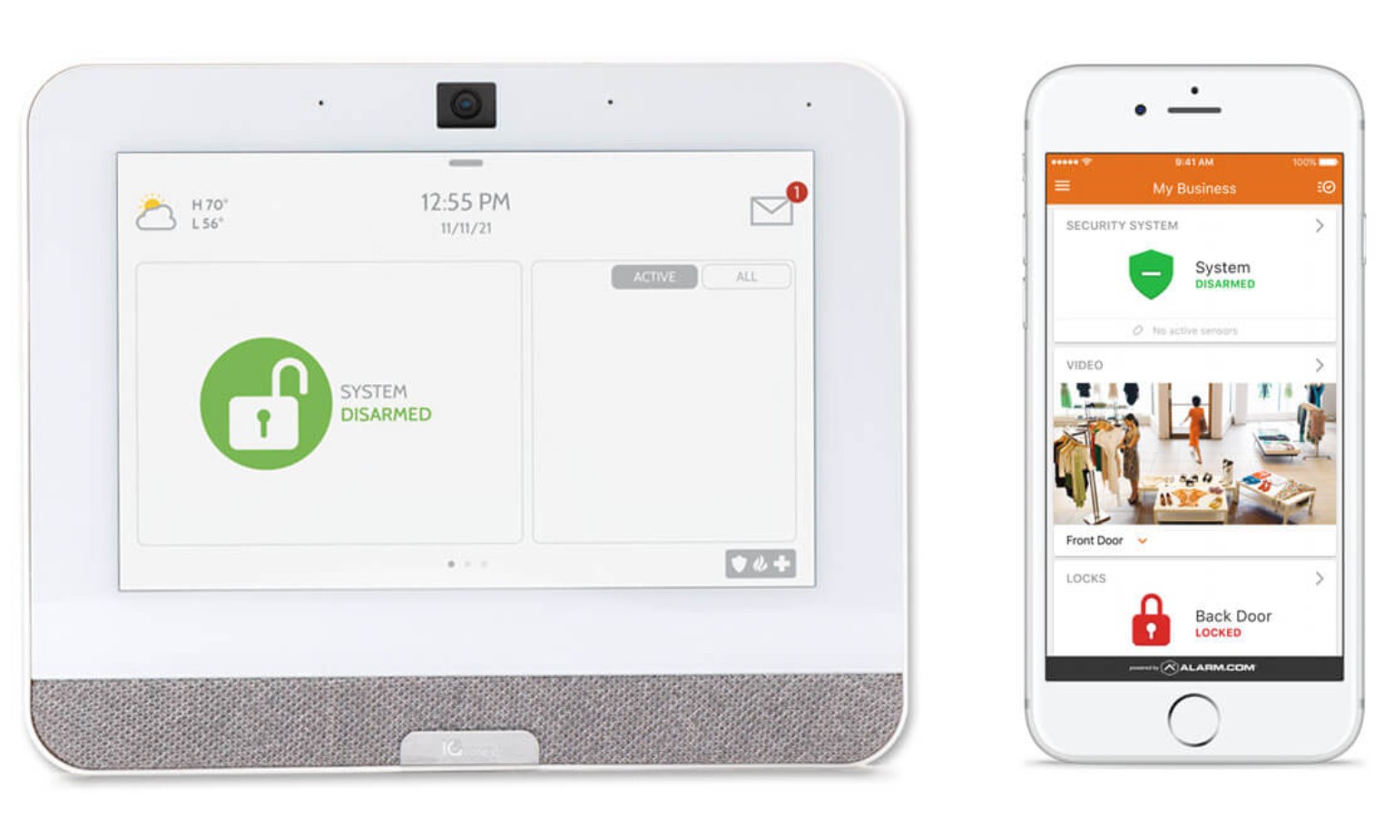 Qolsys IQ Panel and Alarm.com app displaying security status and connected equipment