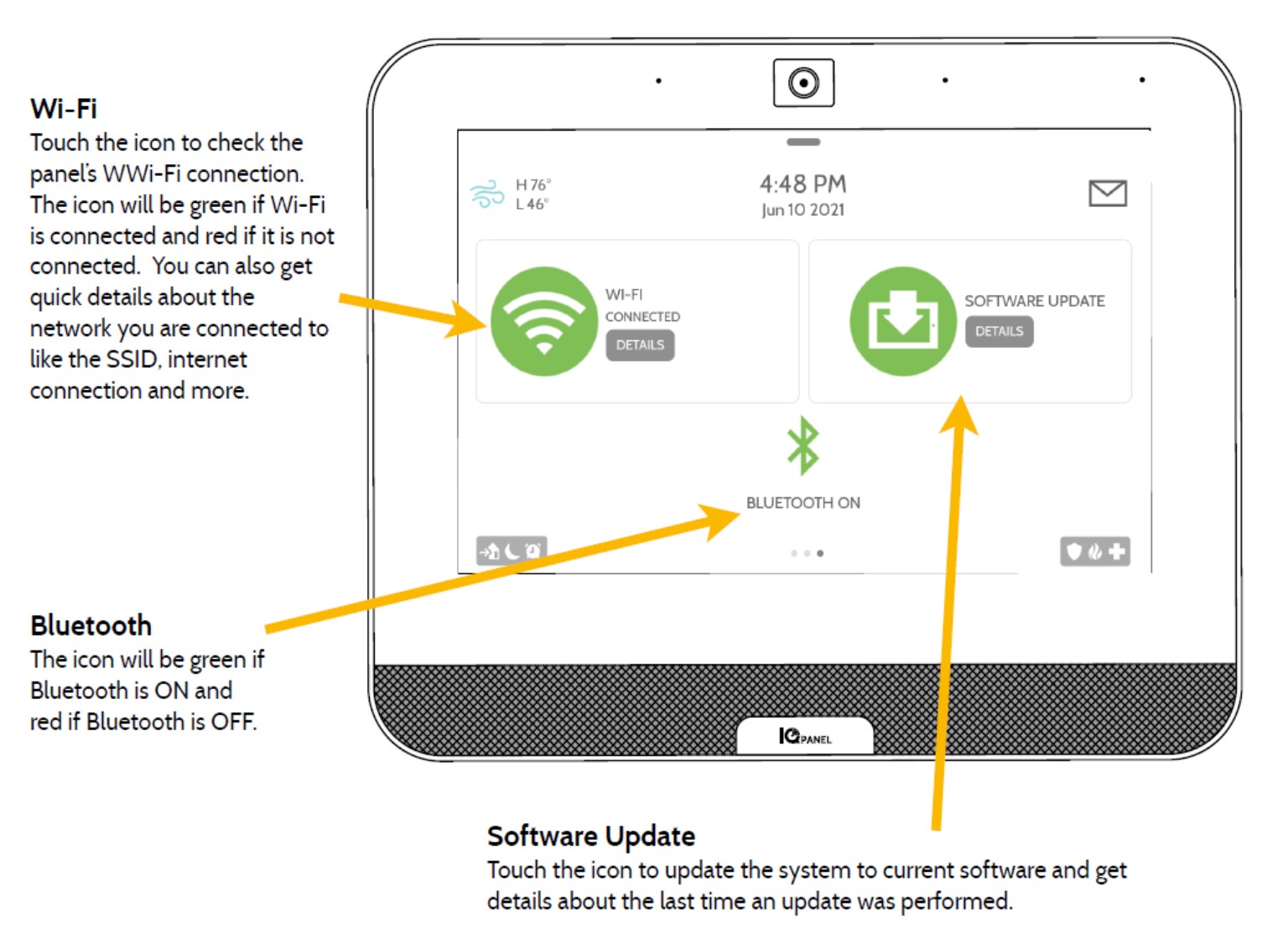 Wi-Fi, Bluetooth and software status.