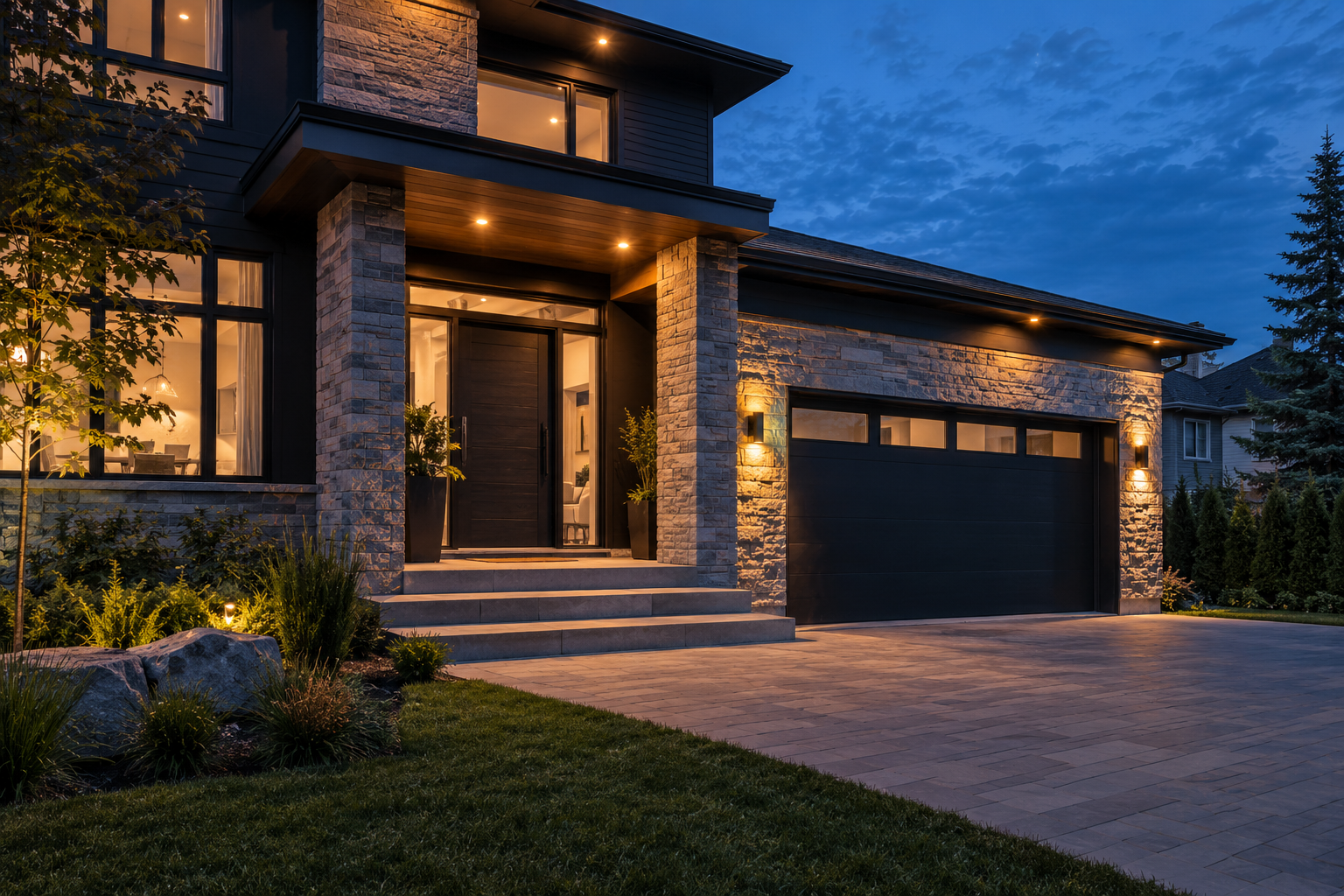 Illustration d’ambiance d’une maison contemporaine avec entrée et garage à la tombée du jour