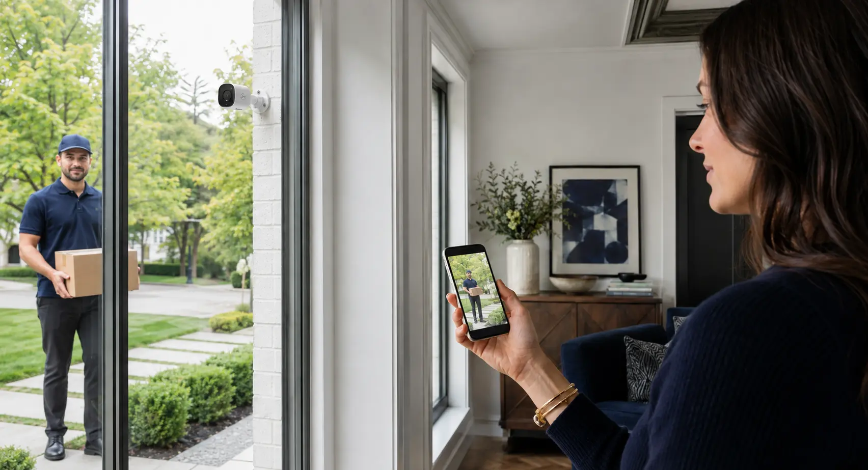 Une femme regarde une alerte de caméra sur son téléphone