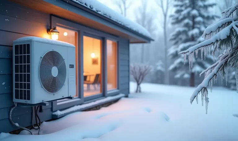 Thermopompe murale extérieure connectée en hiver québécois, froid extrême