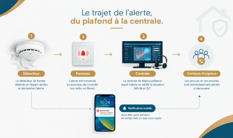  Chaîne d'alerte d'un détecteur de fumée relié à une centrale de télésurveillance