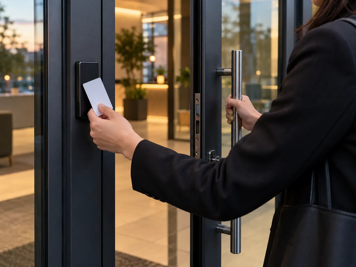 Une personne présente une carte au lecteur de contrôle d’accès et ouvre la porte vitrée