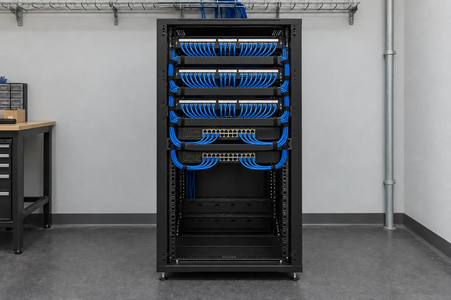 Illustration IA de la même baie après réorganisation avec des cordons Ethernet guidés et des ports accessibles