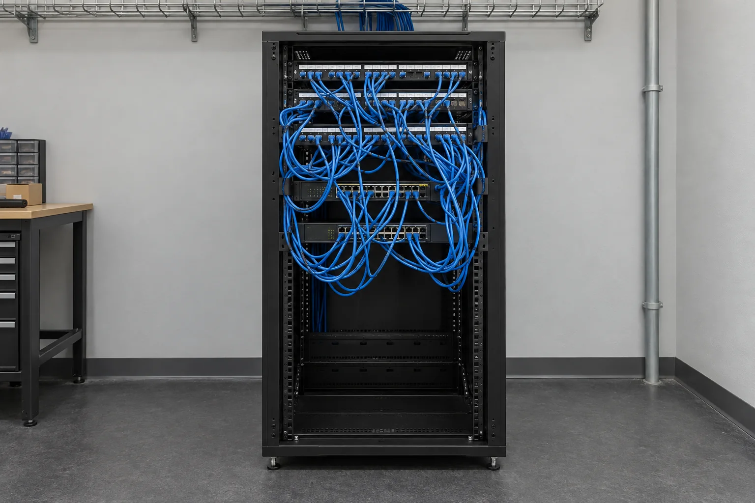 Illustration IA d’une baie réseau avant réorganisation avec de longs cordons Ethernet bleus croisés devant les panneaux