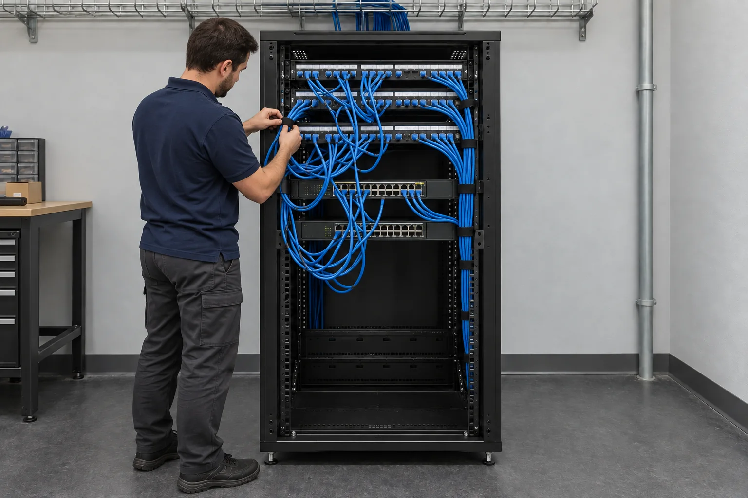 Illustration IA d’un technicien organisant progressivement les cordons Ethernet dans la même baie réseau