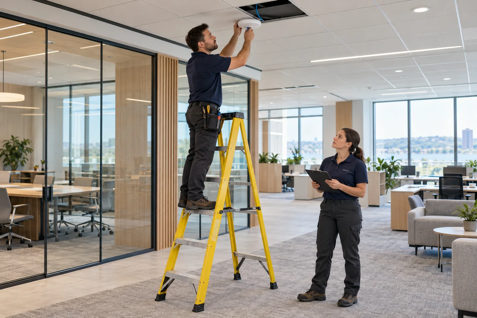 Illustration IA d’un technicien sur une échelle raccordant une borne Wi-Fi au câble Ethernet dans des bureaux, accompagné d’une collègue