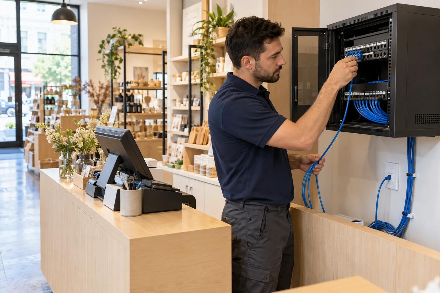 Illustration IA d’un technicien raccordant des câbles Ethernet dans une baie près du comptoir d’un commerce