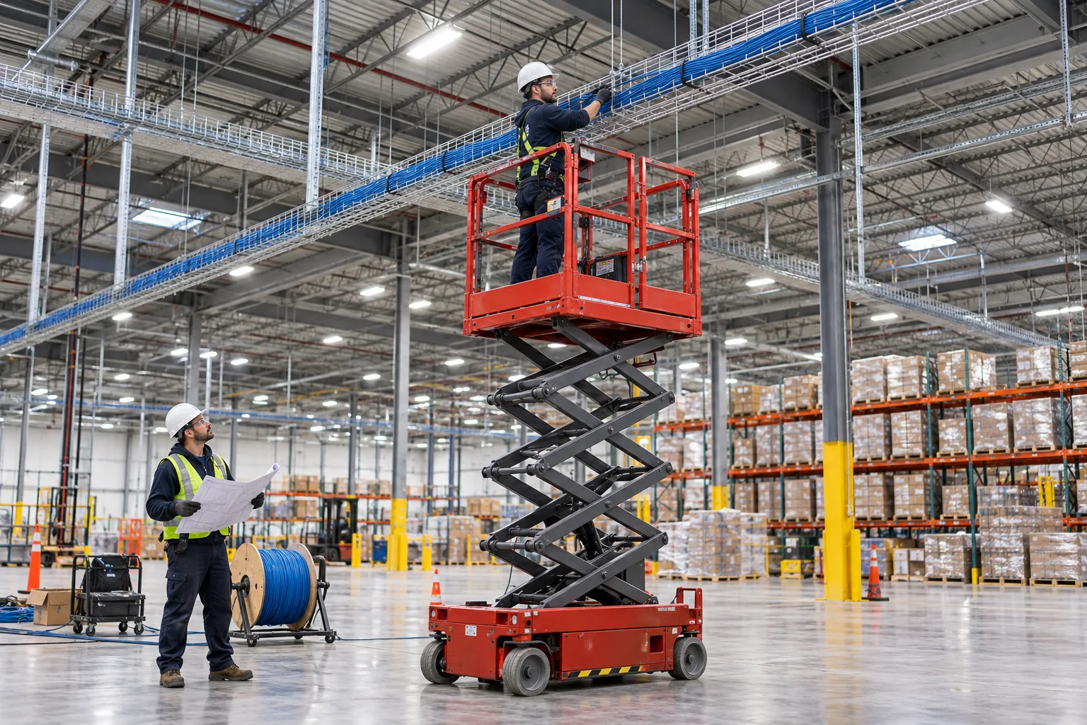 Illustration IA d’un technicien sur une plateforme élévatrice à ciseaux de type Skyjack installant des câbles réseau en hauteur dans un entrepôt