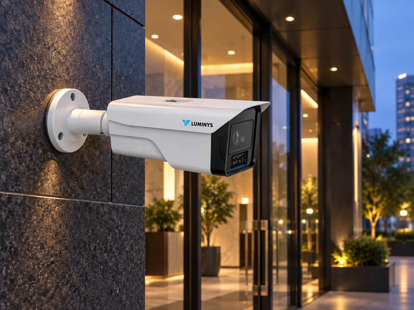 Caméra Luminys sur la façade d’une entrée commerciale vitrée