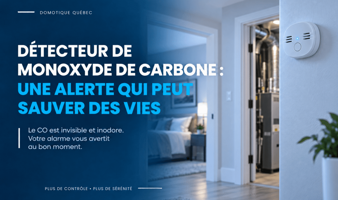 Détecteur de monoxyde de carbone installé dans un couloir résidentiel, avec une pièce de service en arrière-plan
