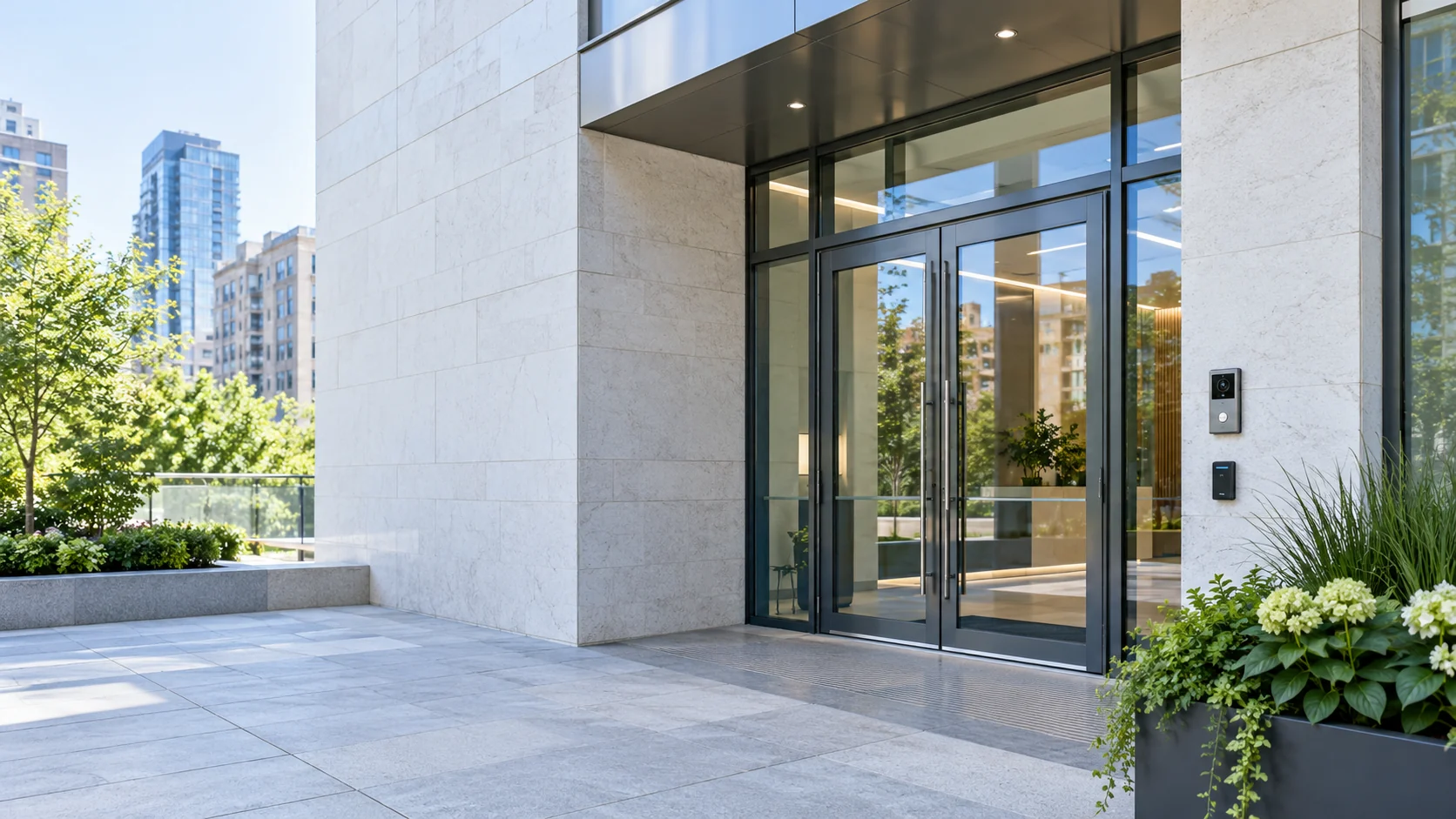 Entrée vitrée d’un bâtiment avec lecteur de badge et interphone