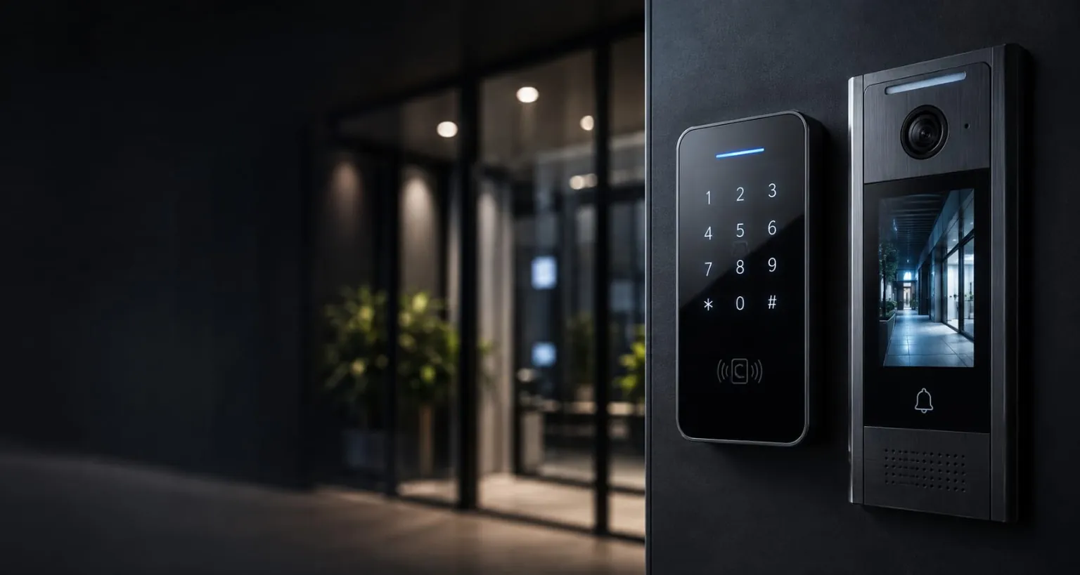 Entrée d’immeuble avec lecteur de badges et interphone vidéo