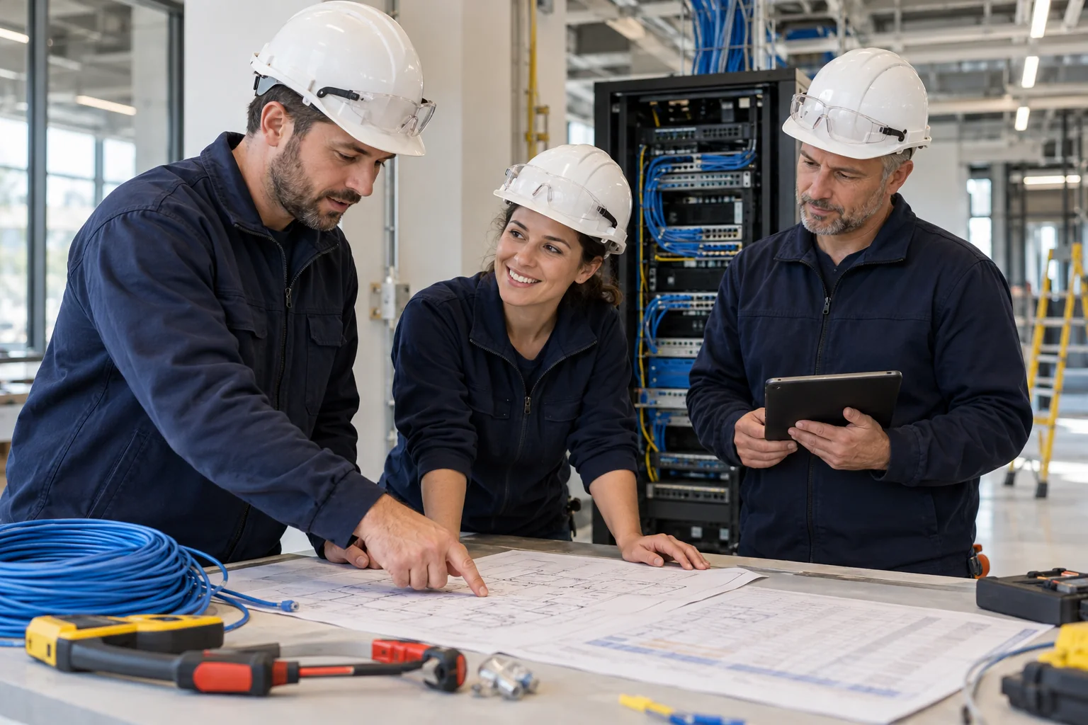 Illustration IA d’une équipe de techniciens préparant les étapes d’un chantier de câblage sur un plan