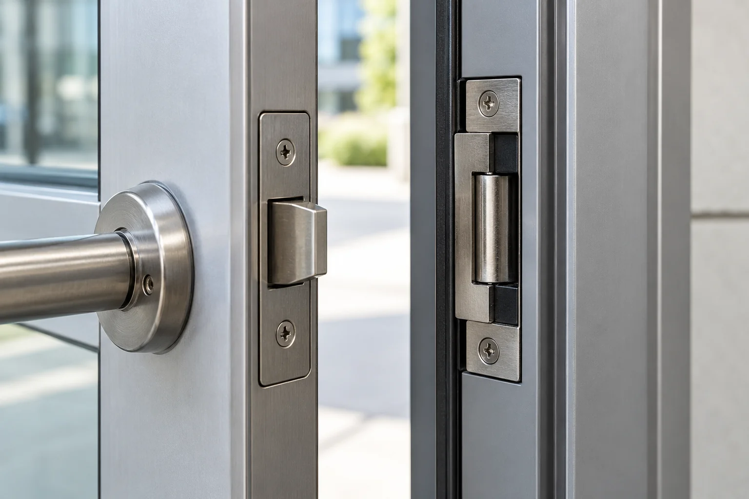 Gâche électrique visible dans le cadre d’une porte entrouverte