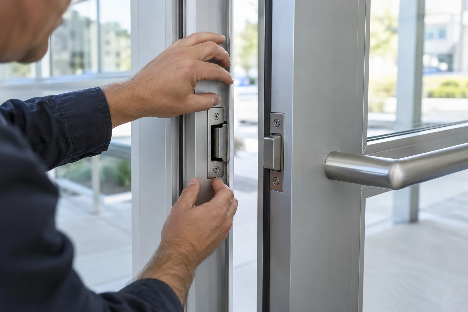 Vérification illustrative de l’alignement d’une gâche électrique dans le cadre de porte