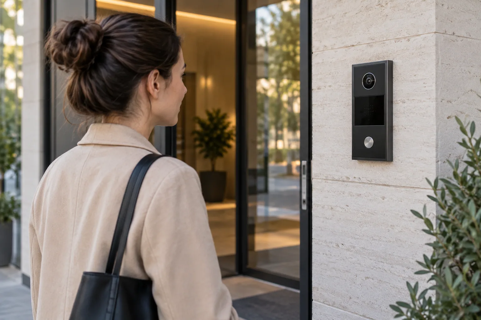 Visiteuse devant un interphone vidéo à une entrée vitrée