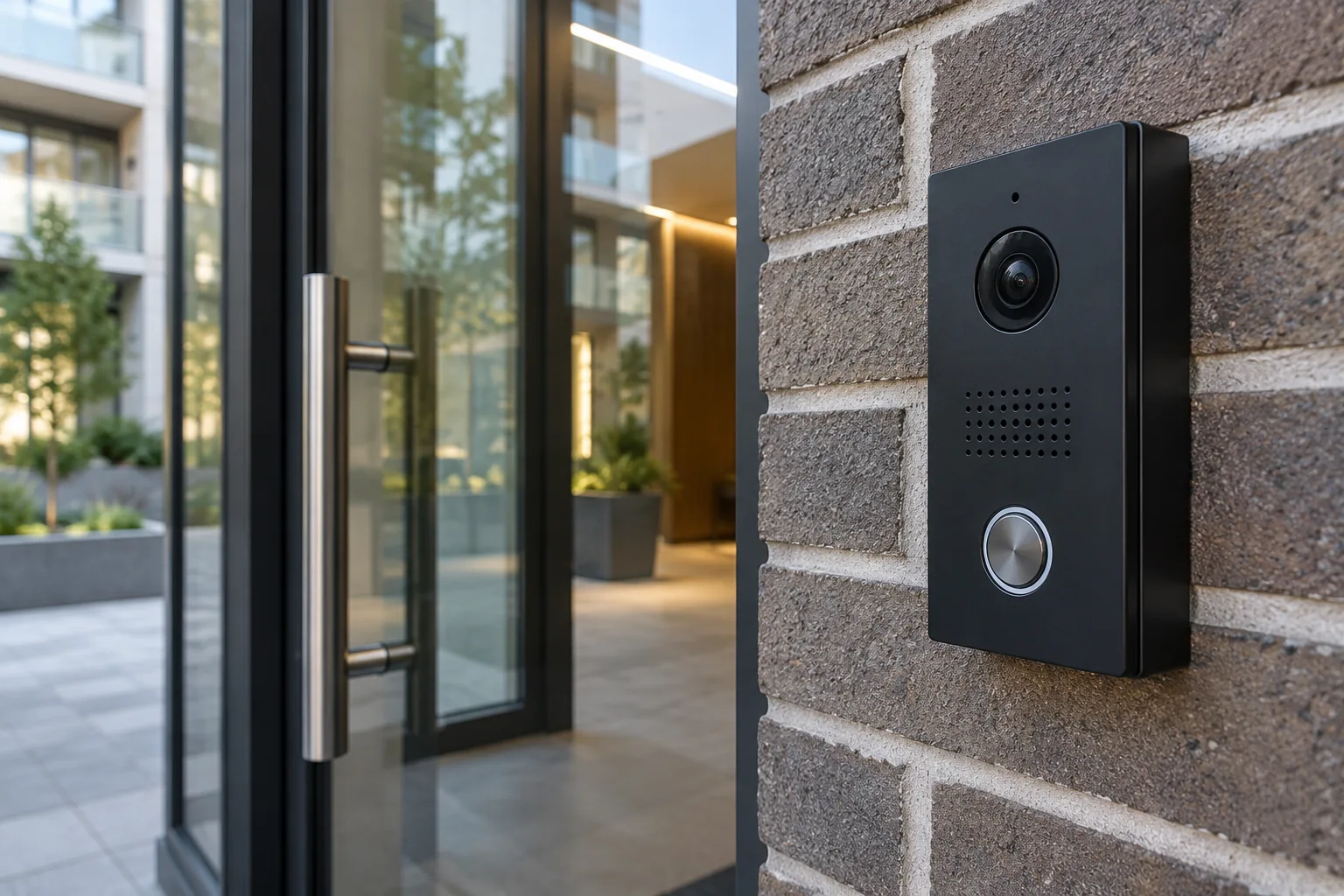 Interphone vidéo placé près de l’entrée vitrée d’un immeuble