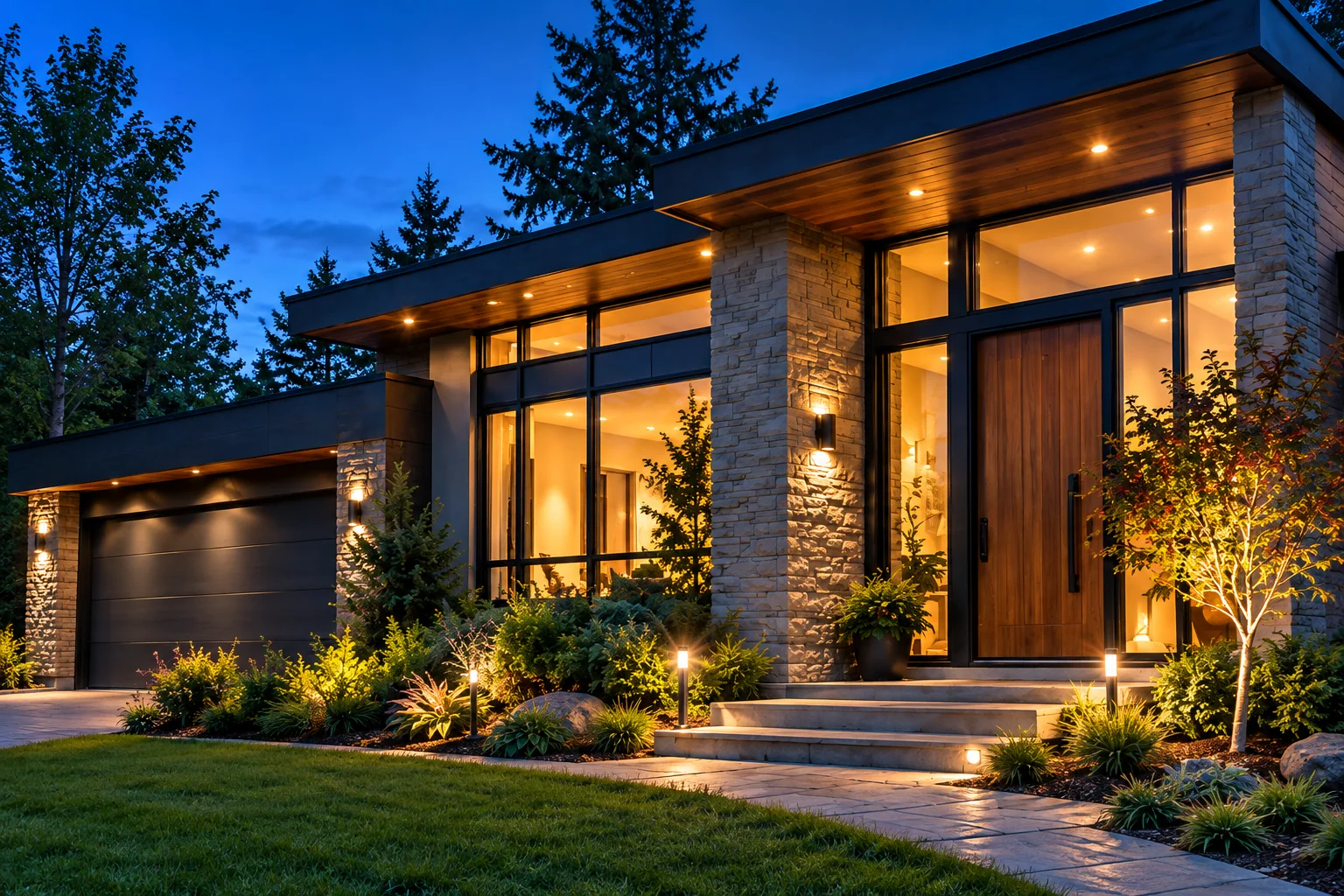 Maison moderne au crépuscule, avec une entrée chaleureusement éclairée et un jardin aménagé