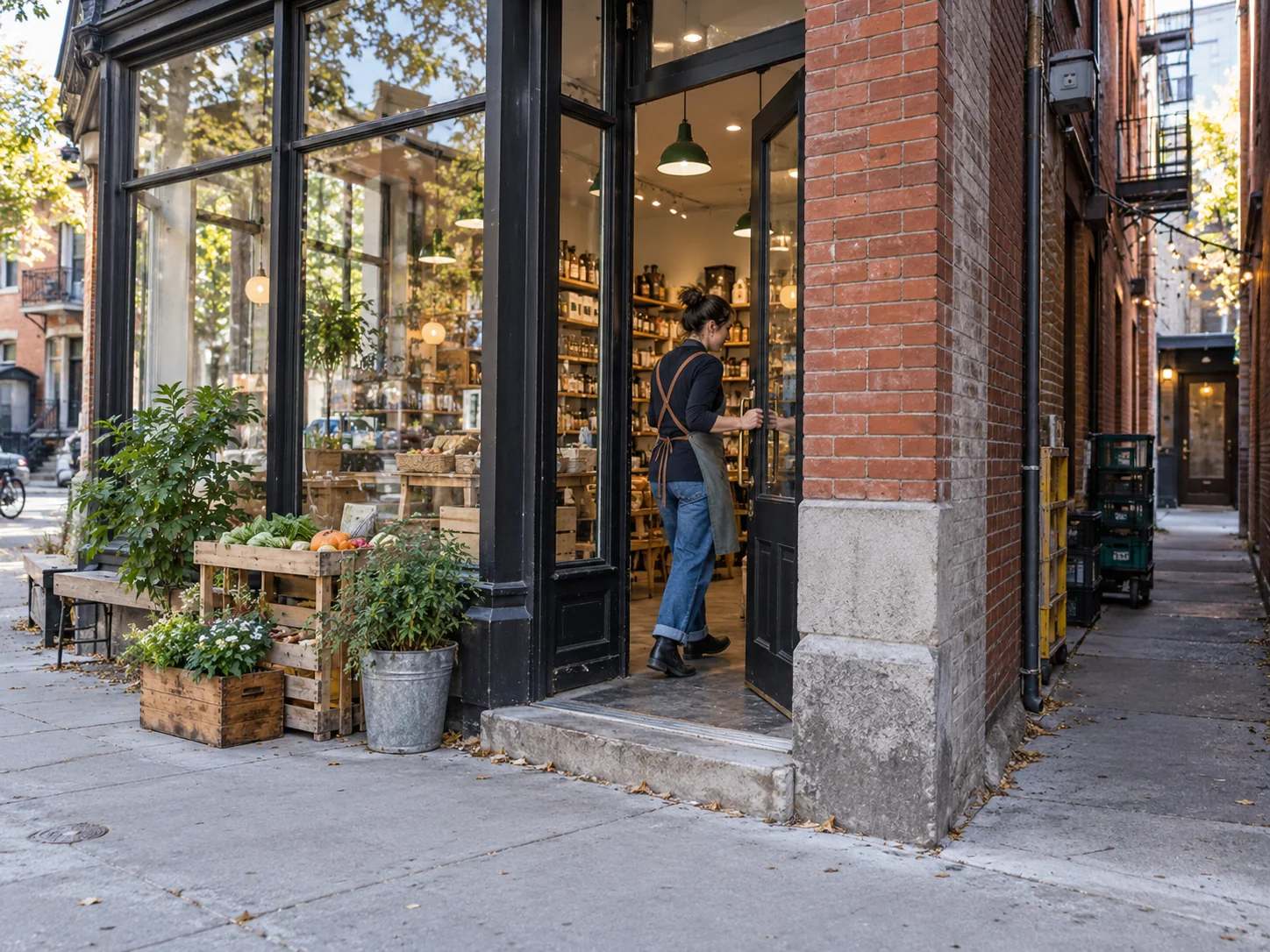 Commerce sur rue et passage vers son accès arrière, illustration