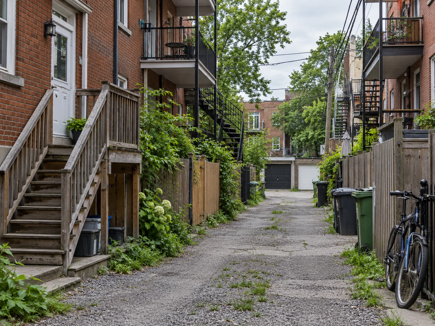Ruelle montréalaise avec accès arrière de bâtiments, illustration