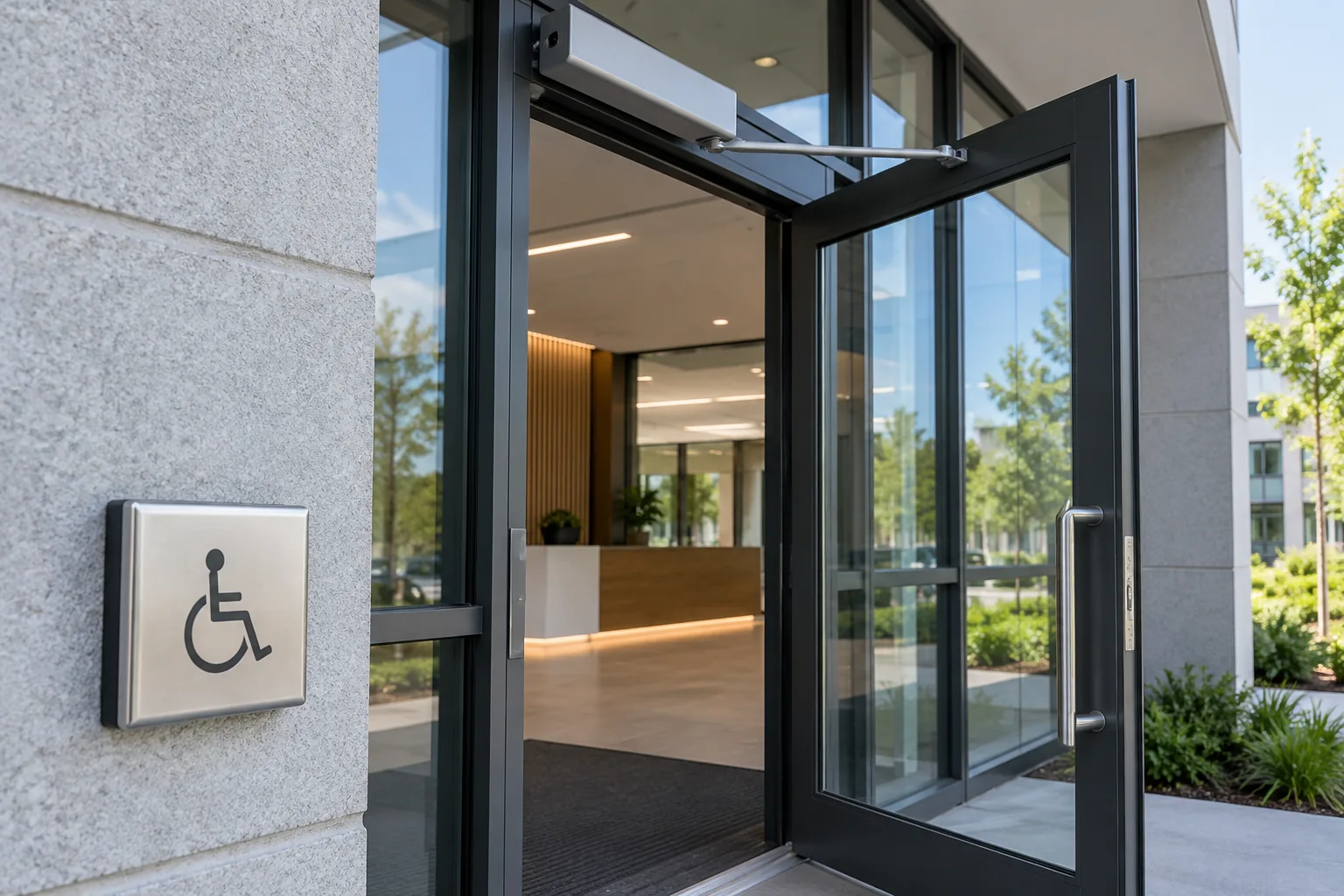 Porte motorisée et bouton d’accessibilité près d’une entrée