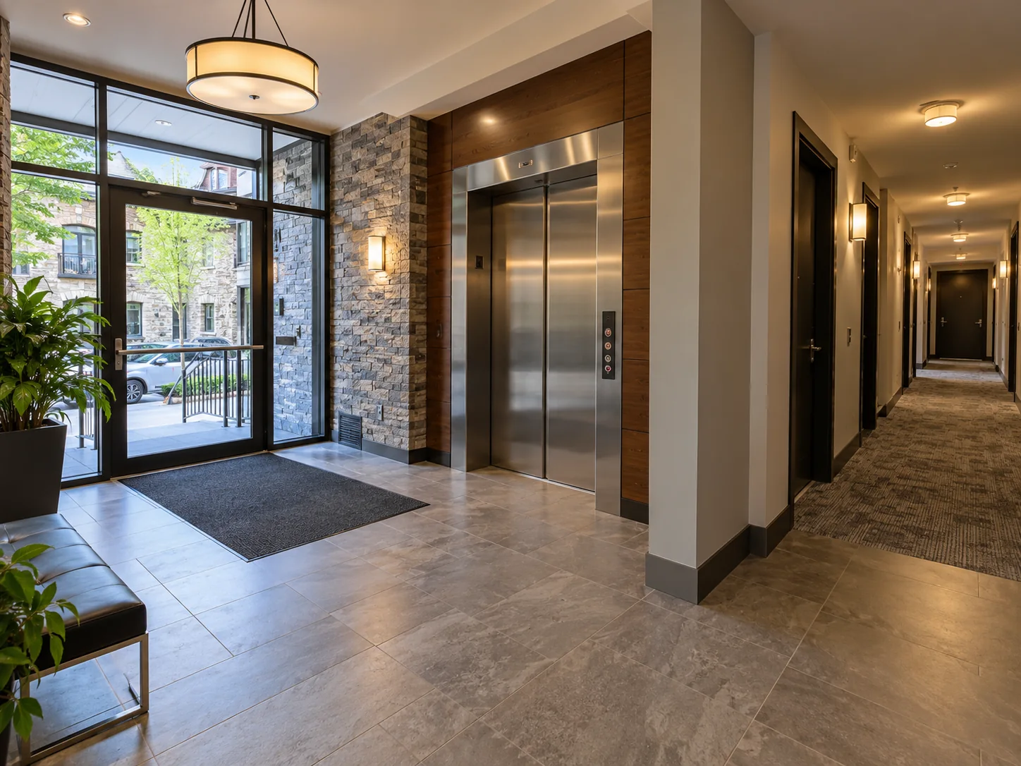 Illustration of a residential building lobby and shared entrance