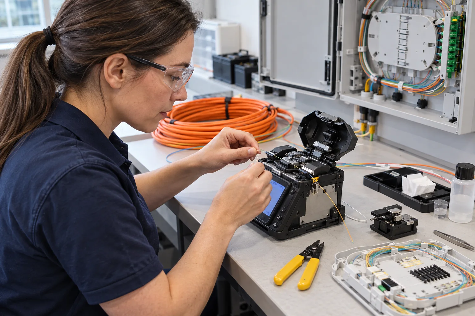 Illustration IA d’une technicienne préparant le raccordement d’une fibre optique sur un établi avec une soudeuse et un tiroir optique